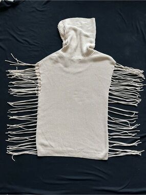 Acrobat Cream Cowl Neck Side Fringe Cotton sweater vest Knit Poncho M-L